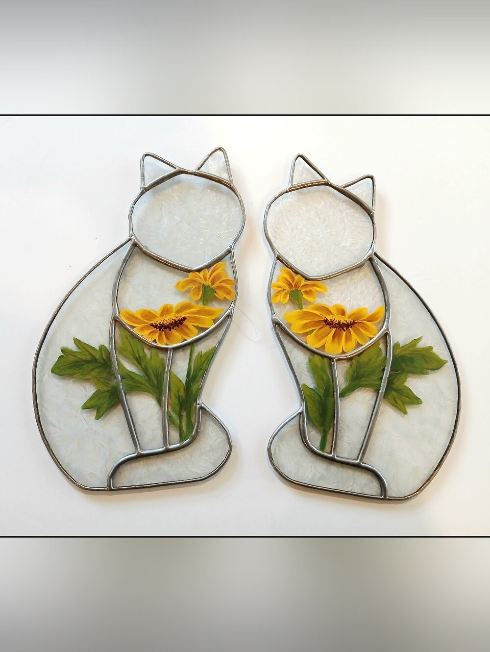 Vintage Clear, White, and Yellow Cat Floral Stained Glass Wall Wind Decor - Pair